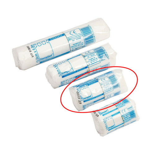 Four rolls of white conforming bandages each wrapped in a clear plastic sleeve with blue printed text and barcodes. One of the rolls is circled in red.