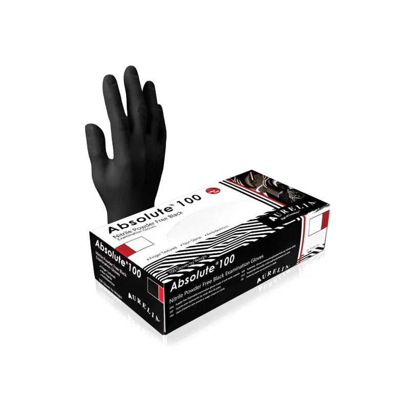 Box of disposable black nitrile gloves