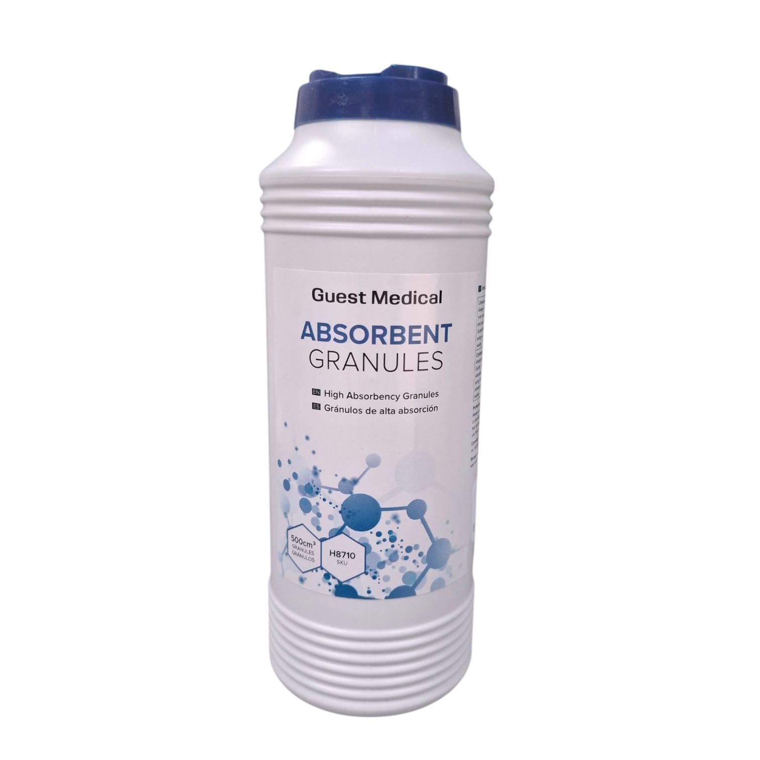 Container of Guest Medical Absorbent Granules on a white background