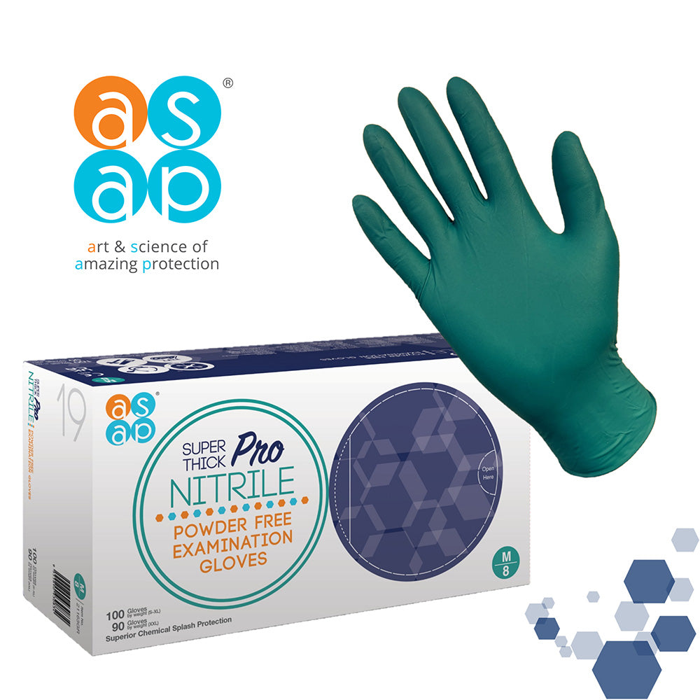 A teal green nitrile examination glove shown next to its retail packaging box. The packaging is white with blue and teal accents, featuring the 'asap' brand logo and text for 'Super Thick Pro Nitrile Powder Free Examination Gloves'.