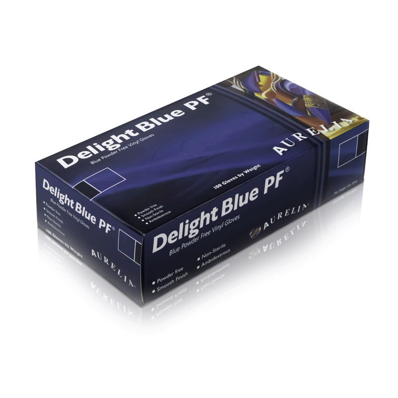 Box of Aurelia delight blue powder-free vinyl gloves
