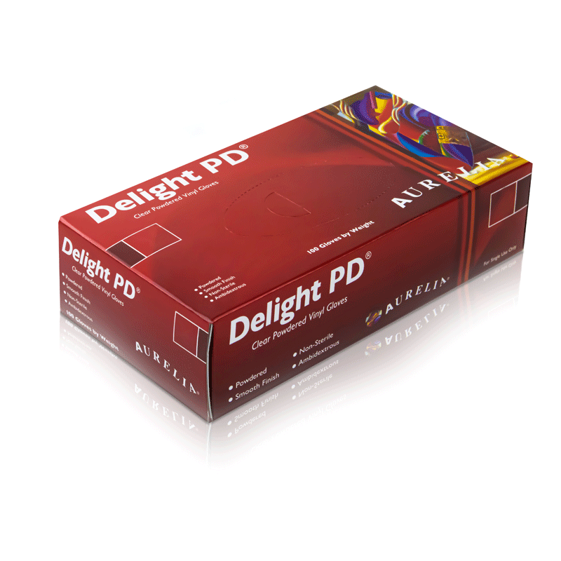 box of aurelia delight clear vinyl gloves, lightly powdered