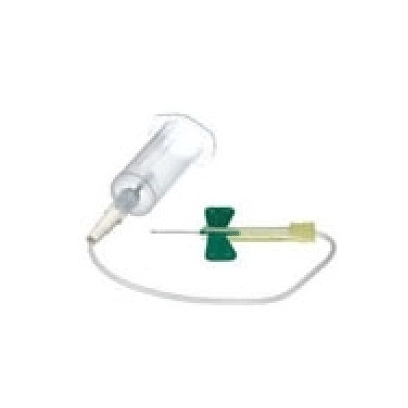 Blood collection device with a butterfly needle and tubing on a white background