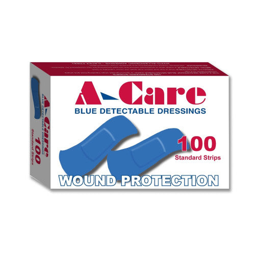 Box of A-Care blue detectable dressings on a white background