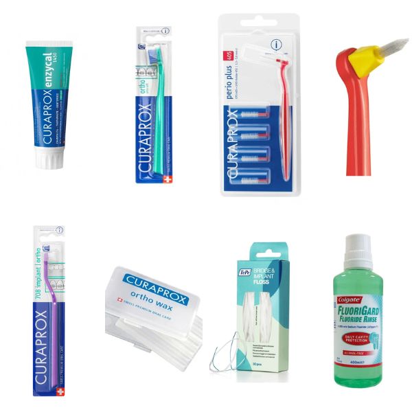 A collage of dental and orthodontic products on a white background, including Curaprox toothpaste, toothbrushes, orthodontic wax, floss, interdental cleaners, and Colgate fluoride rinse