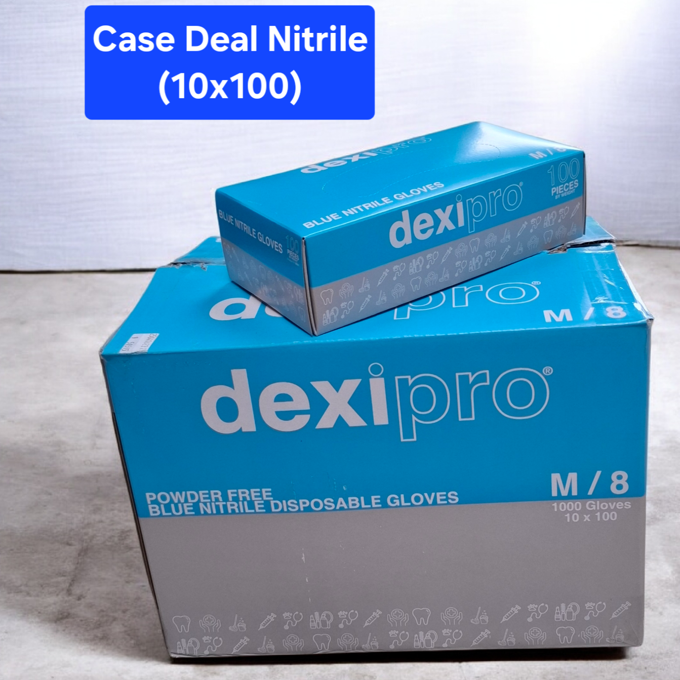 Case of blue nitrile dexipro disposable gloves