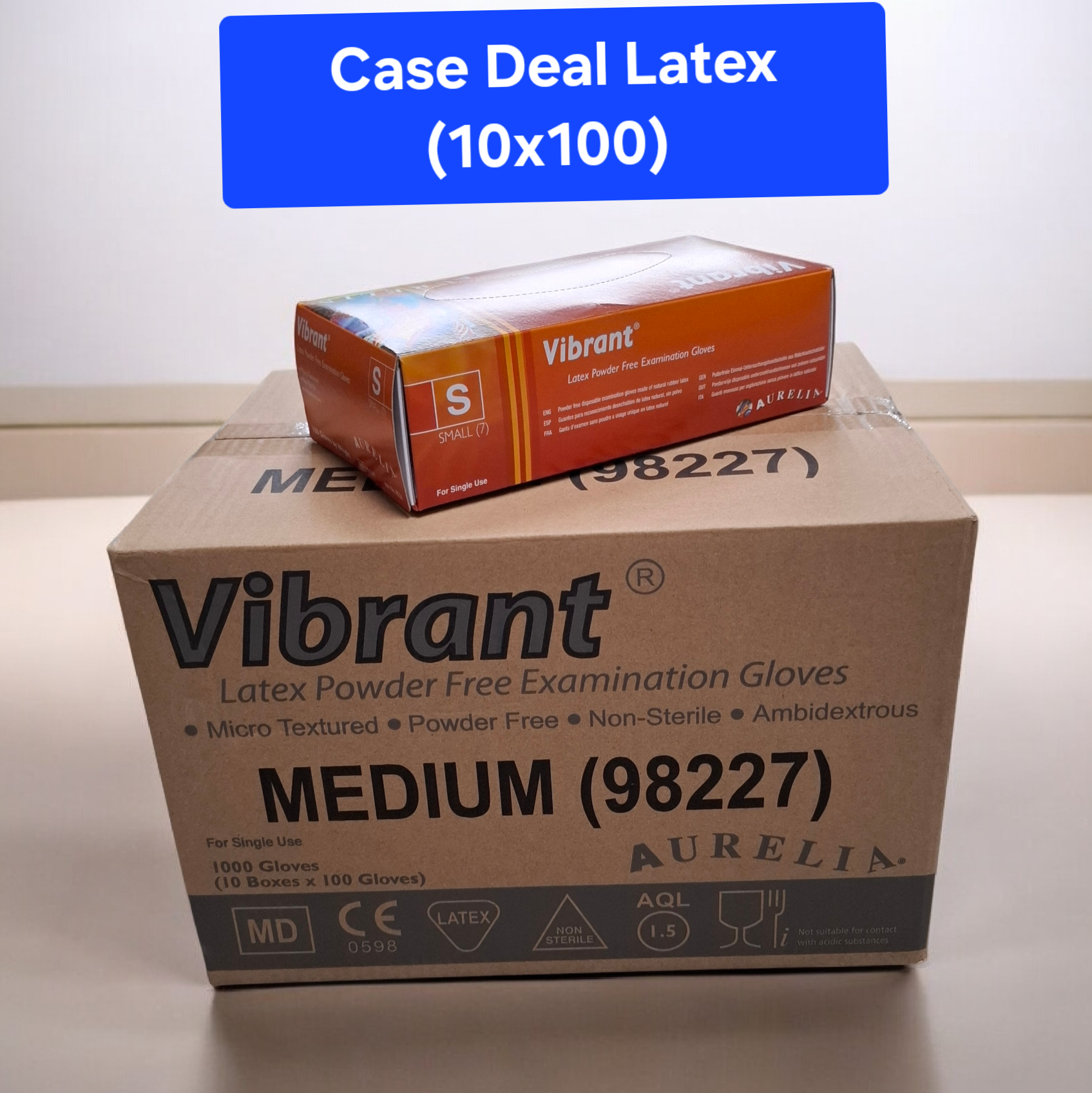 Case of Vibrant latex gloves on a white background