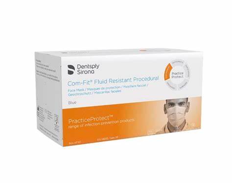 Box of blue Dentsply Sirona Com-Fit Fluid Resistant Procedural Face Masks