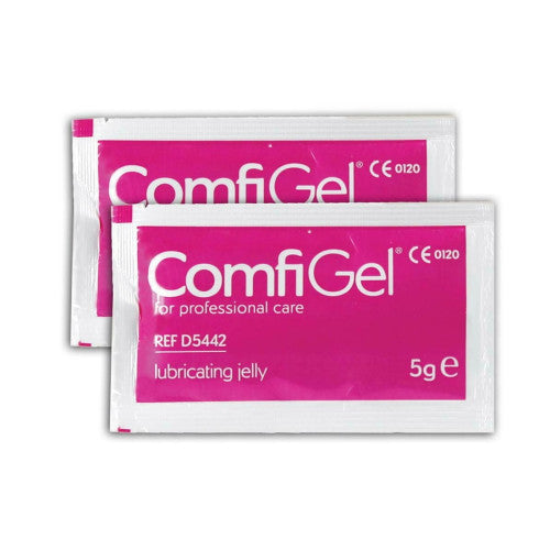 ComfiGel lubricating jelly packets. The packets are white with a prominent magenta-pink label and white text.