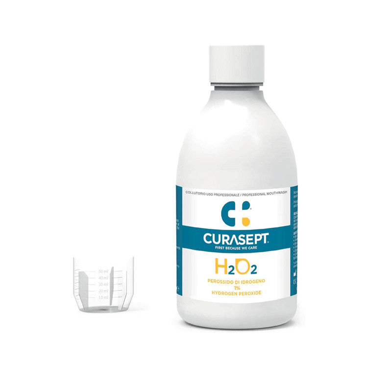Curasept H2O2 bottle with measuring cap on a white background