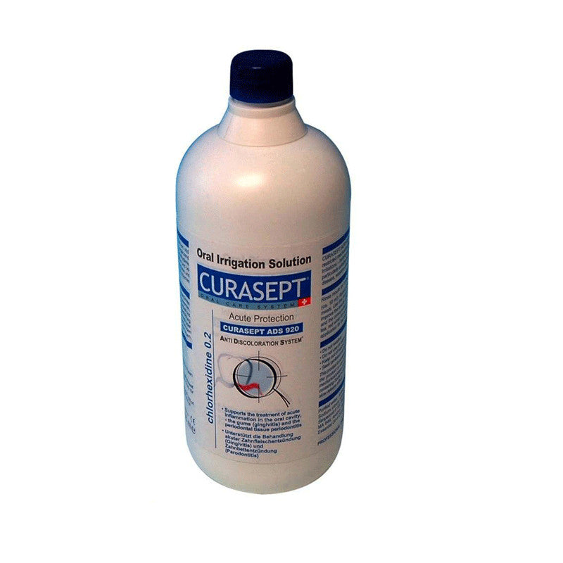 Curasept oral irrigation solution bottle on a white background