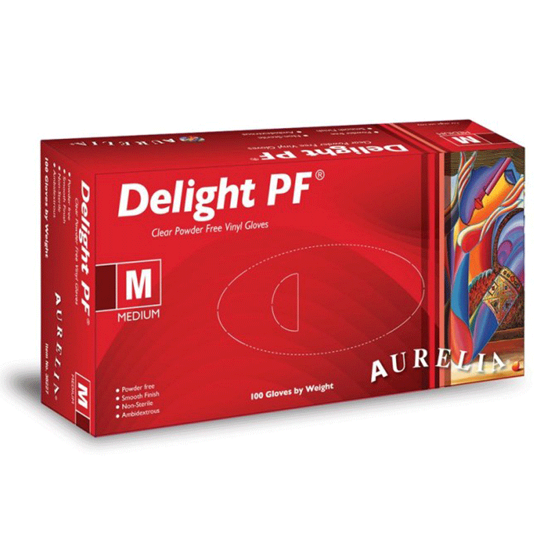Box of Delight PF vinyl gloves with Aurelia branding on a white background