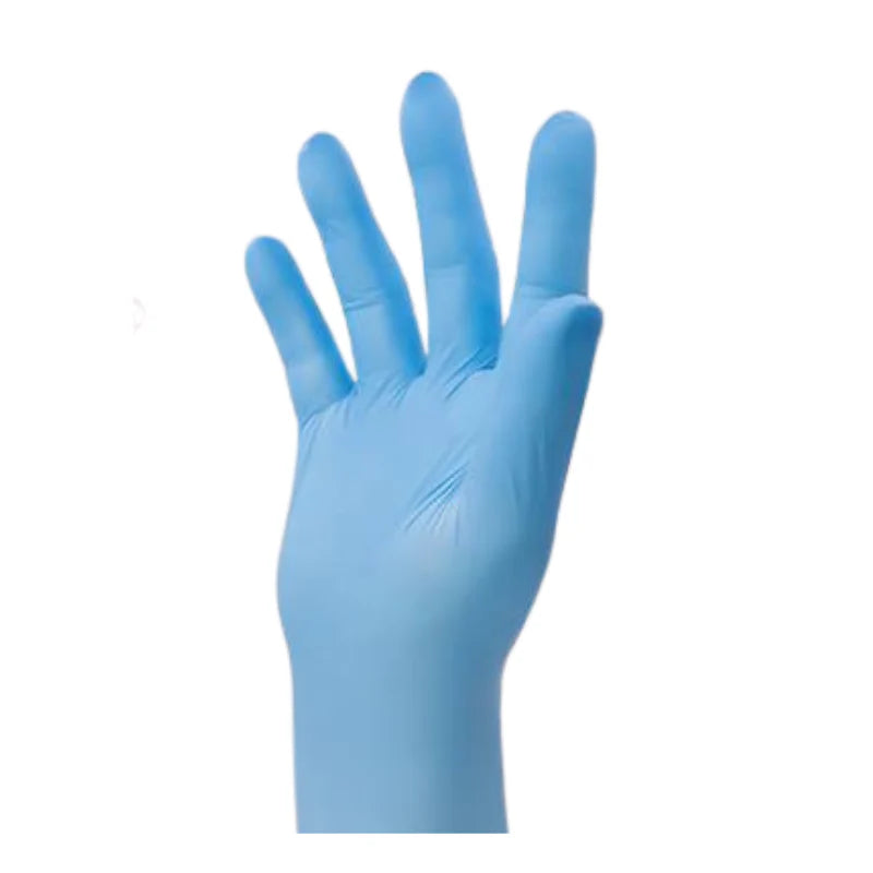 Blue disposable glove on a white background