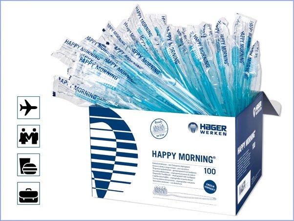 Box of 'Happy Morning' toothbrushes with a Hager Werken label on a white background