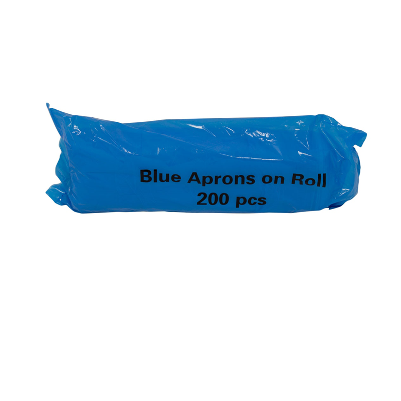 Roll of 200 disposable blue aprons on a white background