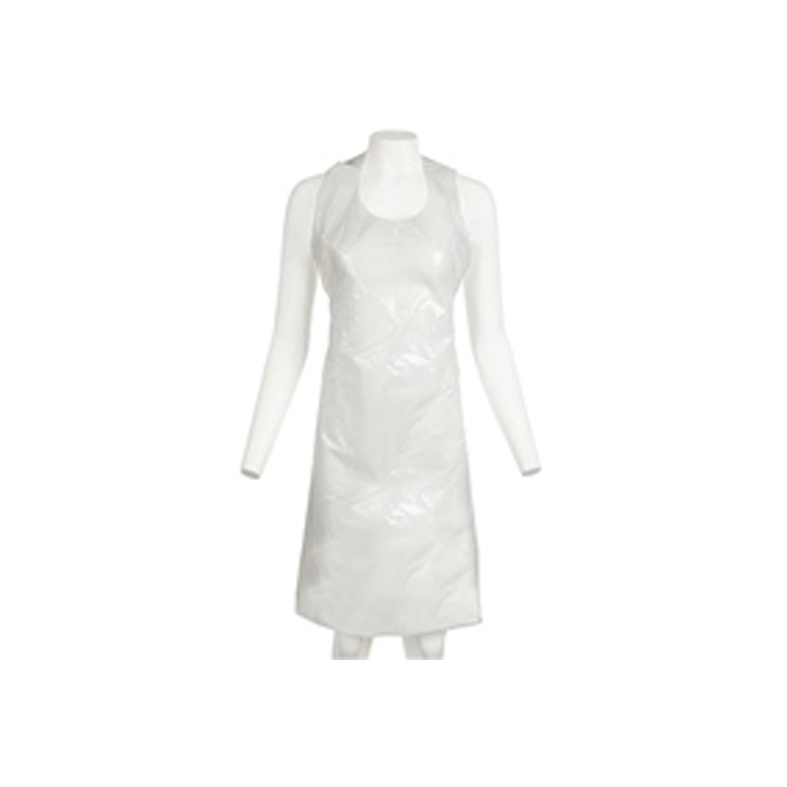 Disposable White plastic apron on a mannequin against a white background