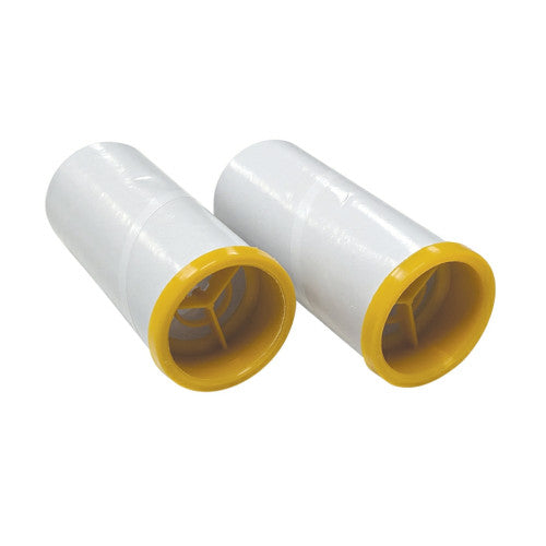 Two cylindrical plastic valves with yellow rims on a white background