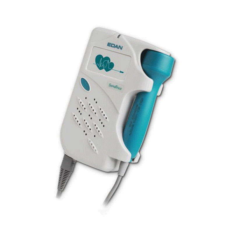 Fetal Doppler device with blue and white design on a white background