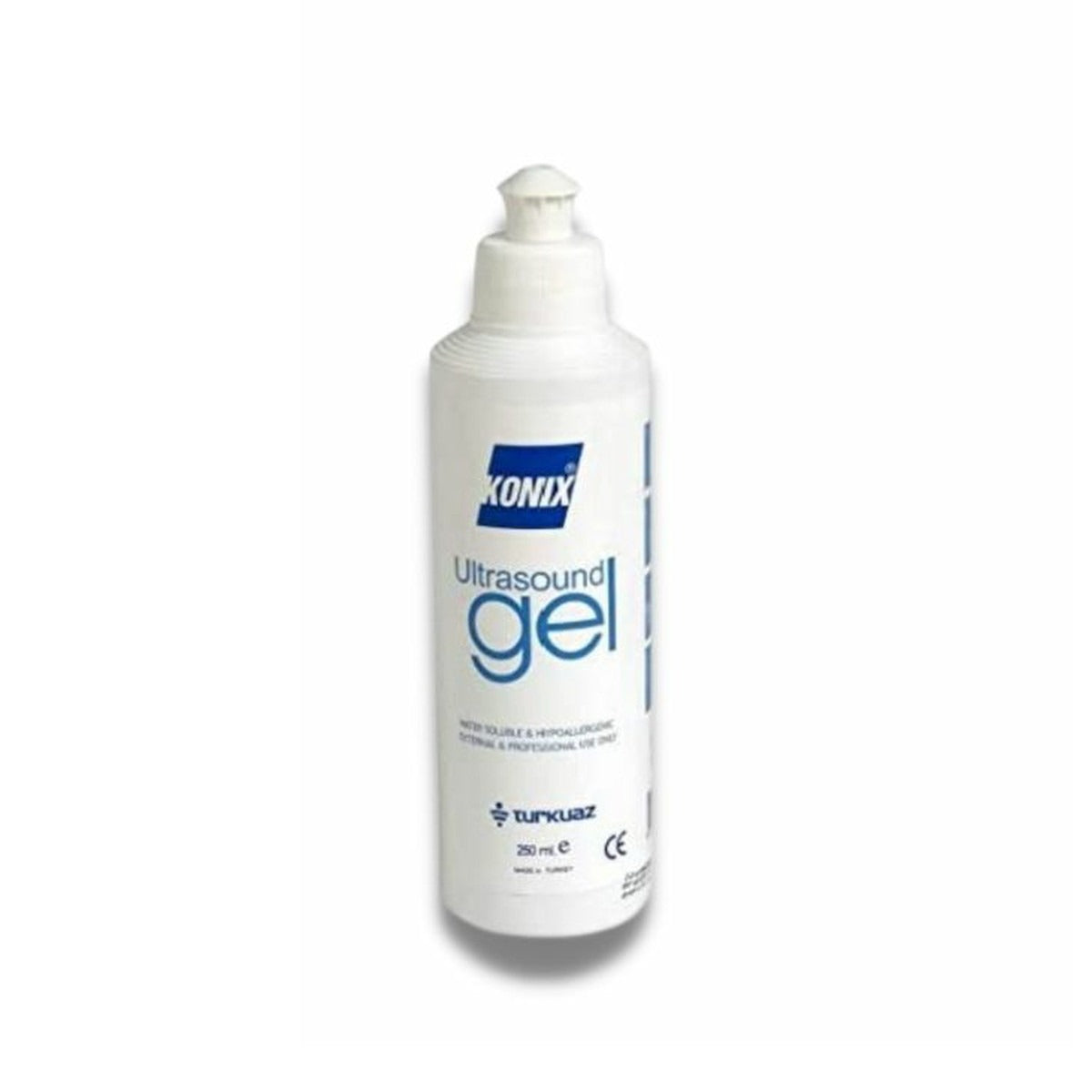 Konix ultrasound gel bottle on a white background