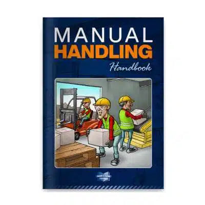 A dark blue book cover titled 'MANUAL HANDLING Handbook' with a central cartoon illustration of workers handling boxes and a forklift.