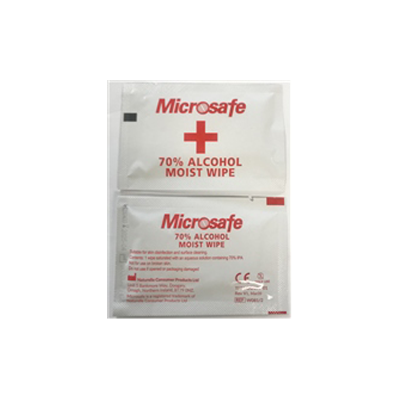 Individually wrapped Microsafe 70% alcohol moist wipes