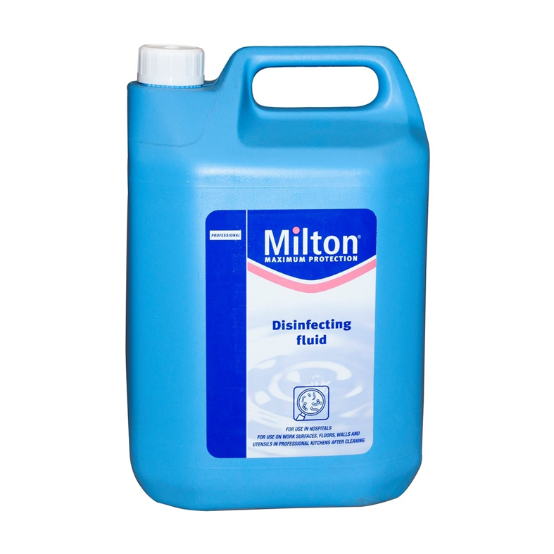 Blue container of Milton disinfecting fluid on a white background