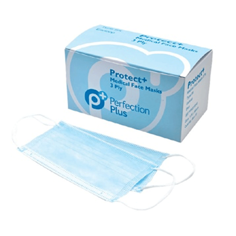 Box of blue perfection Plus type IIR medical face masks