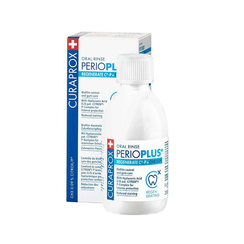 Curaprox Perio Plus oral rinse bottle with packaging on a white background