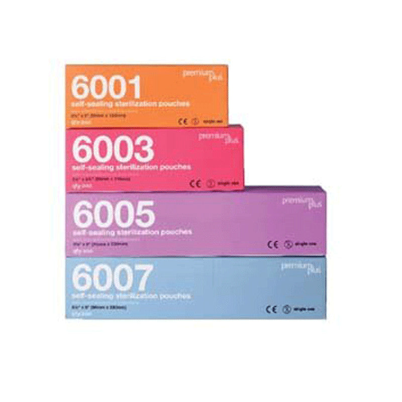 Four boxes of self-sealing sterilization pouches with different colors and numbers on a white background.