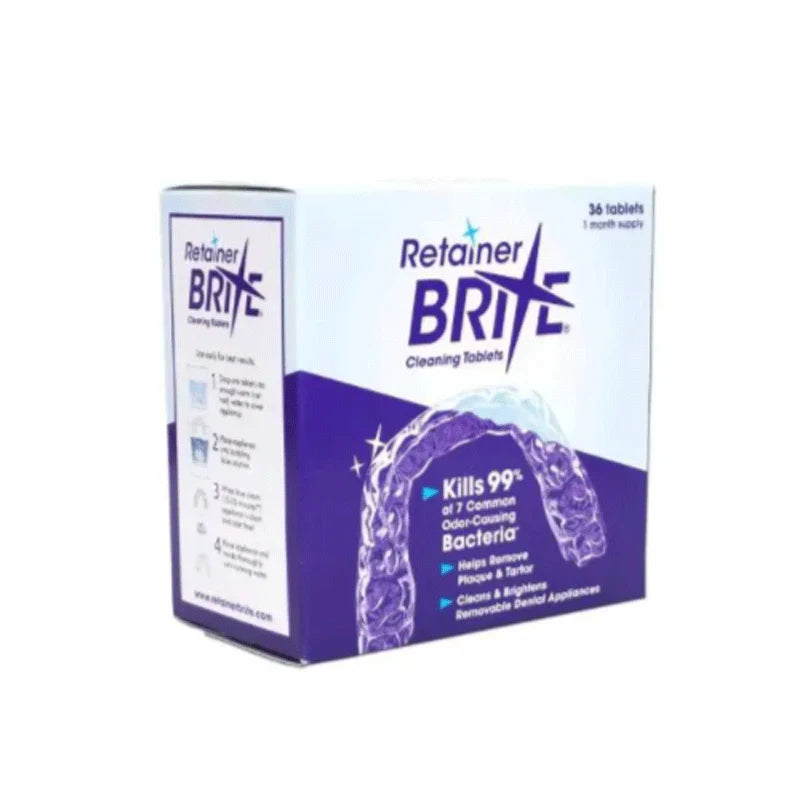 Box of 36 Retainer Brite cleaning tablets on a white background