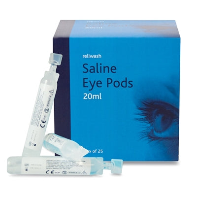 Reliwash Saline Eye Pods packaging with eye dropper bottles on a white background