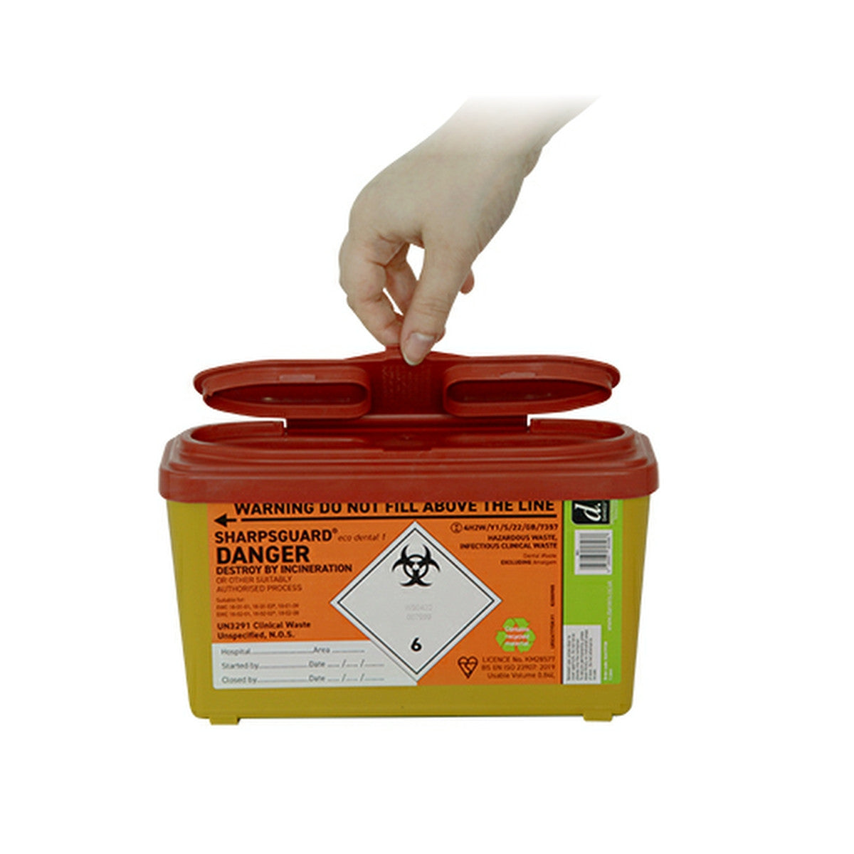 Sharps container with a hand opening the lid on a white background