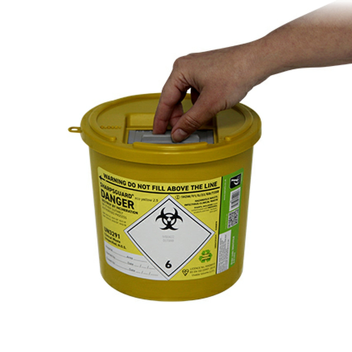 Yellow hazardous waste bin with biohazard symbol and warning label, being opened by a hand.