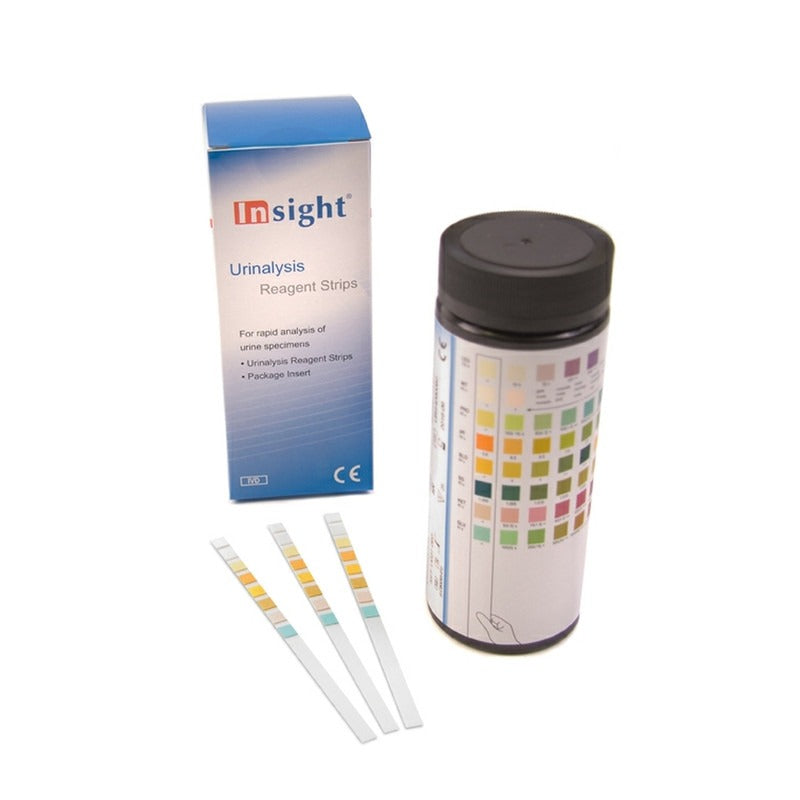 urinalysis reagent strips with packaging on a white background