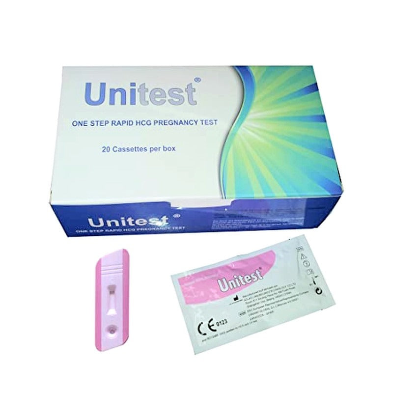 Unitest pregnancy test kit with box, test cassette, and instruction sheet on a white background