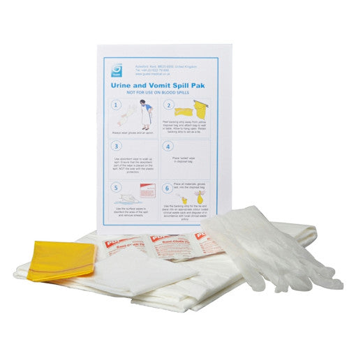 Urine and vomit spill kit with gloves, absorbent pads, and instructions on a white background