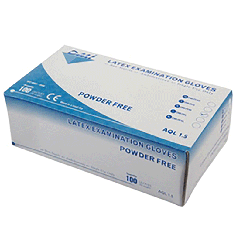 Box of DMI brand Latex, powder free examination gloves