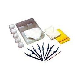 Set of items including a small container, cotton balls, a yellow bag, and forceps
