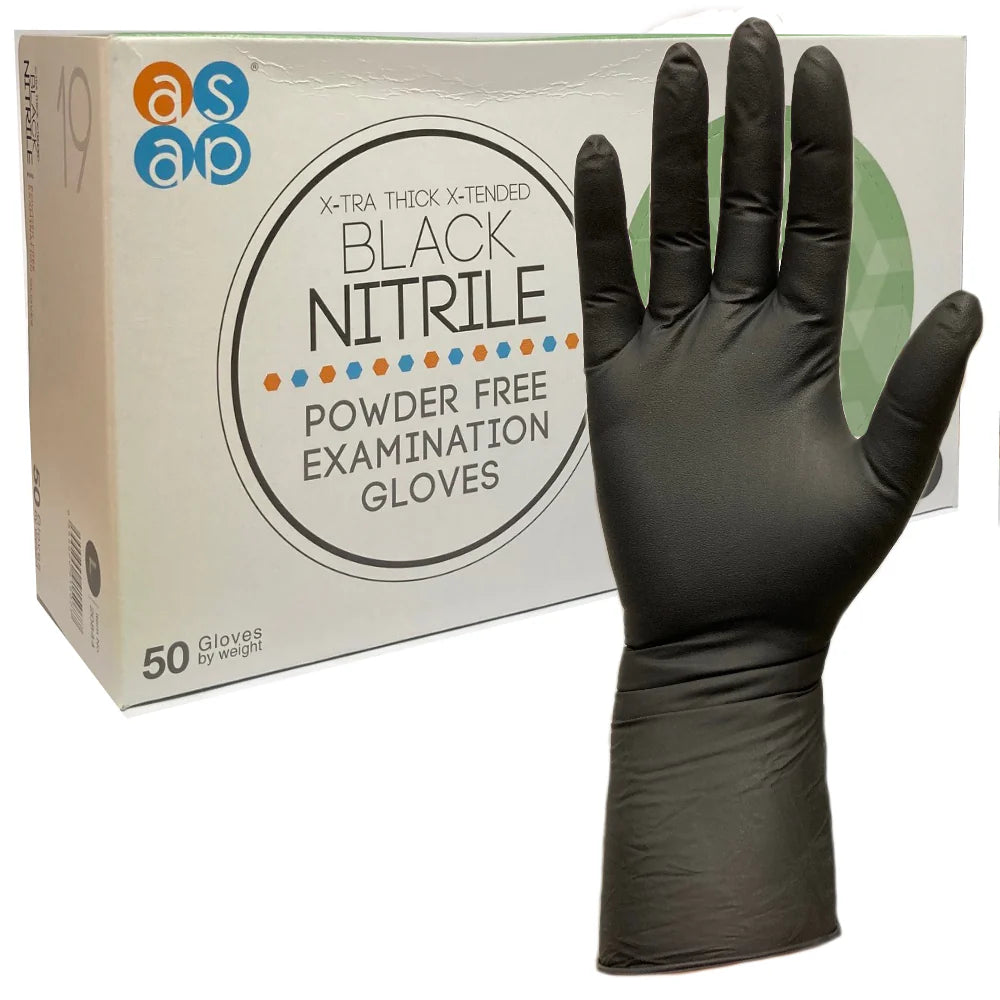 ASAP X-TRA THICK LONG CUFF Black Nitrile Gloves (Powder Free - 50Pk)