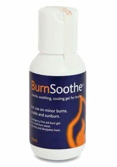 Burn Soothe bottle with blue label and white cap on a white background