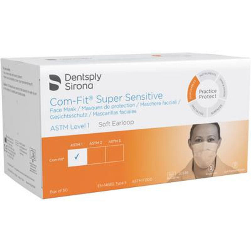 Box of pink Dentsply Sirona Com-Fit Super Sensitive face masks