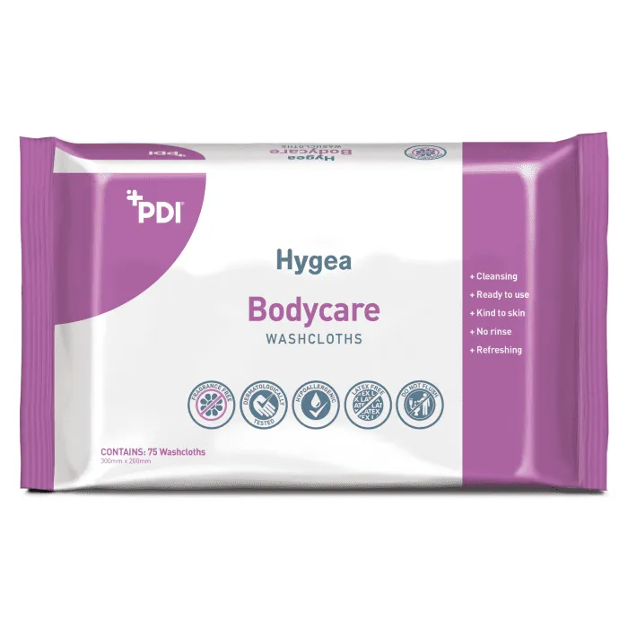 Pack of Hygea Bodycare washcloths with PDI branding on a white background