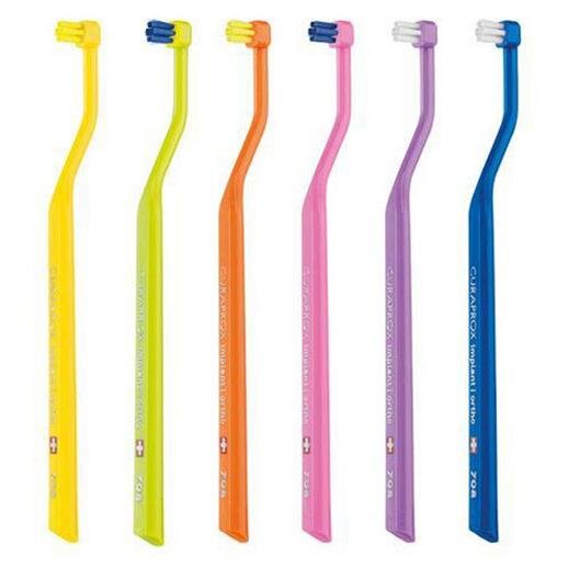 Curaprox implant/ortho toothbrushes with angled handles and small, circular heads