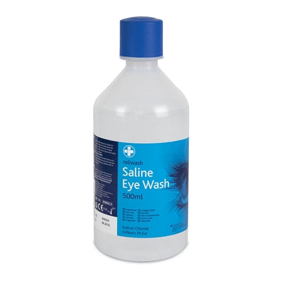 Bottle of saline eye wash with blue label on a white background