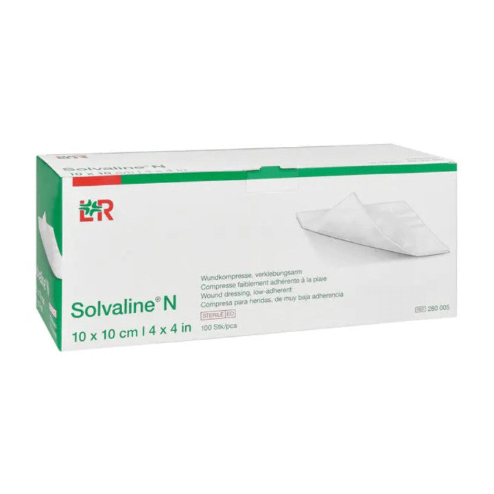 Box of Solvaline N medical dressing on a white background