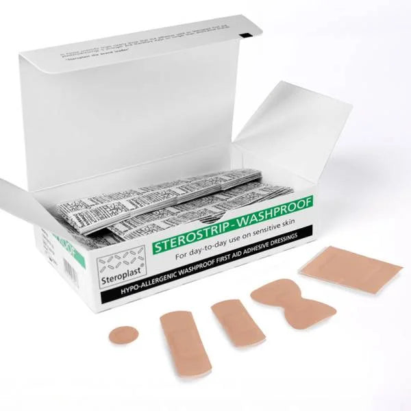 box of sterostrip washproof plasters in assorted sizes